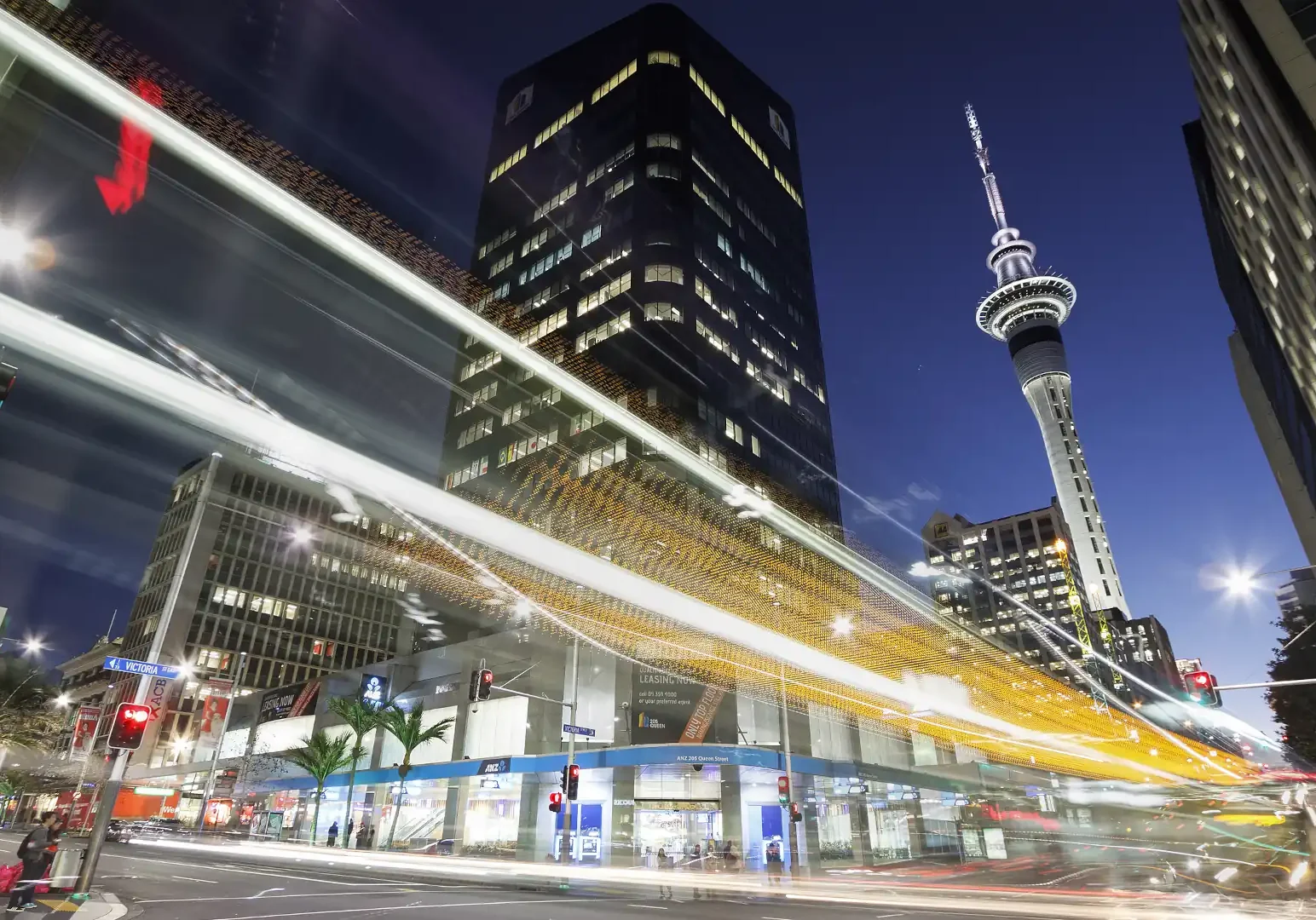 Auckland City illuminated with modern urban lighting design